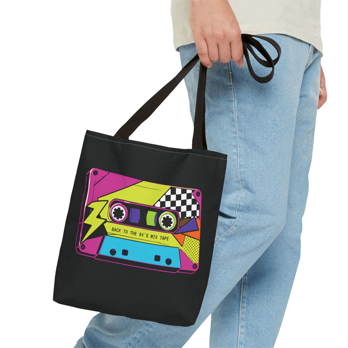 Retro 80s Cassette Tote Bag — 'Back to the 80's Mix Tape' Neon Music Tote