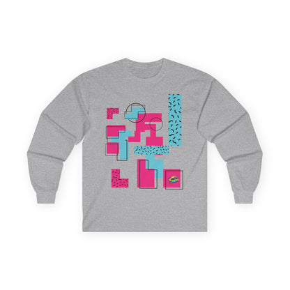Retro Geometric Long Sleeve Tee — 80s Memphis Pattern Graphic