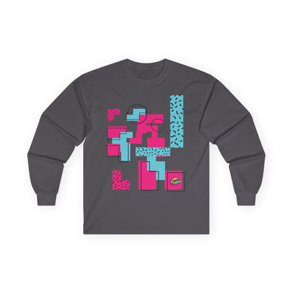 Retro Geometric Long Sleeve Tee — 80s Memphis Pattern Graphic