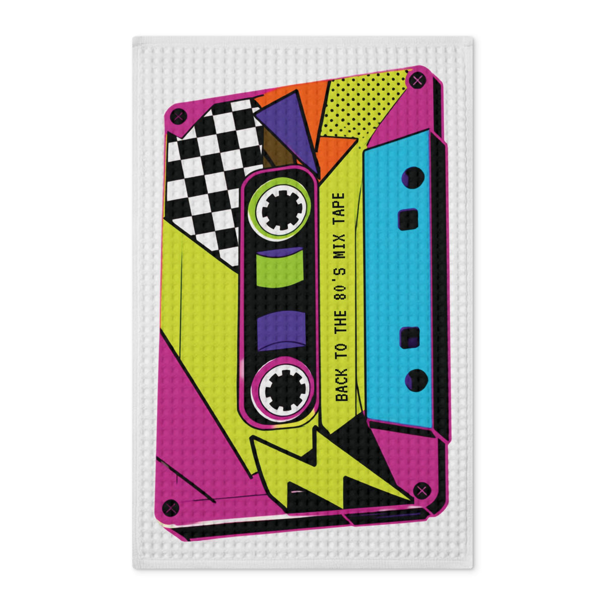 80's Mixtape Cassette Tea Towel — 80s Bright Waffle Weave, Double-Sided Kitchen Towel