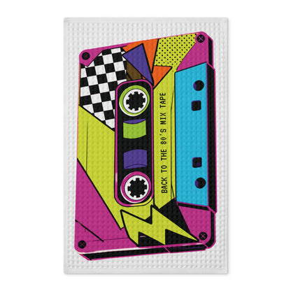 80's Mixtape Cassette Tea Towel — 80s Bright Waffle Weave, Double-Sided Kitchen Towel