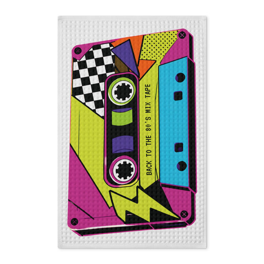 80's Mixtape Cassette Tea Towel — 80s Bright Waffle Weave, Double-Sided Kitchen Towel