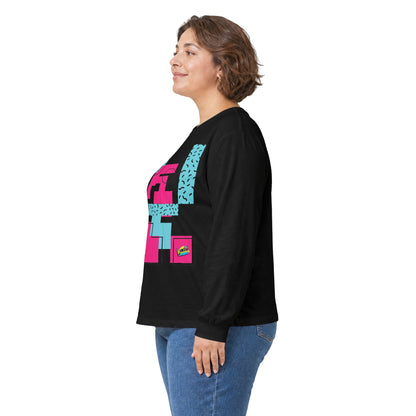Retro Geometric Long Sleeve Tee — 80s Memphis Pattern Graphic