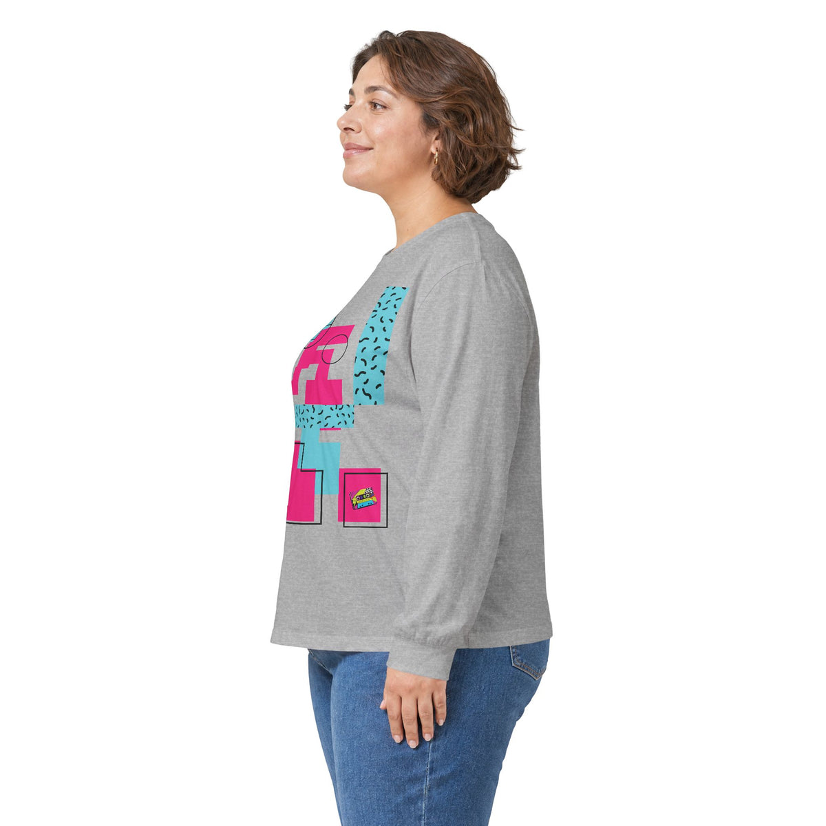 Retro Geometric Long Sleeve Tee — 80s Memphis Pattern Graphic