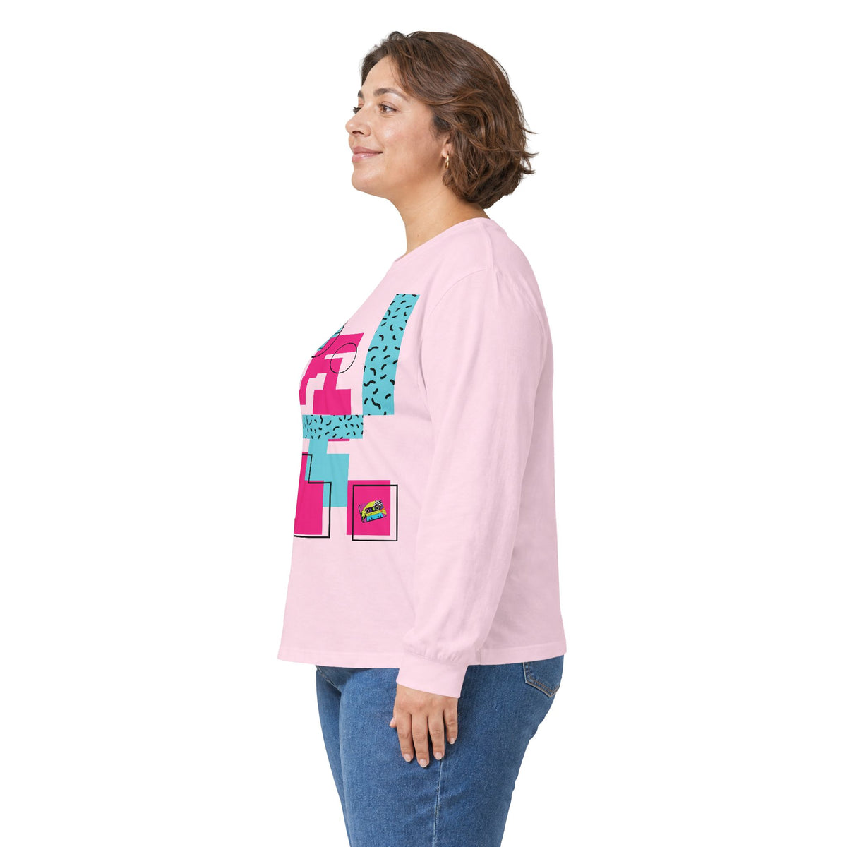 Retro Geometric Long Sleeve Tee — 80s Memphis Pattern Graphic