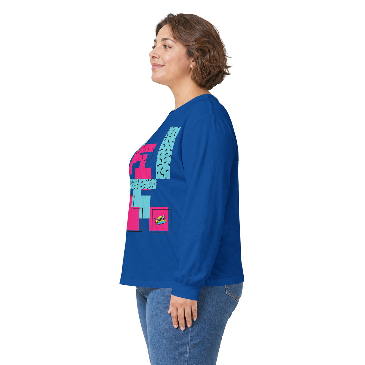 Retro Geometric Long Sleeve Tee — 80s Memphis Pattern Graphic