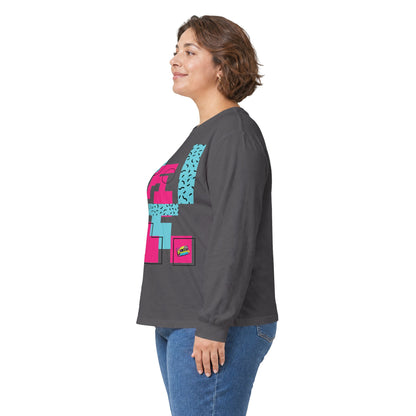 Retro Geometric Long Sleeve Tee — 80s Memphis Pattern Graphic