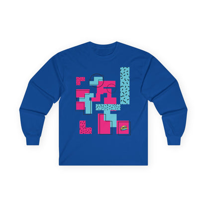 Retro Geometric Long Sleeve Tee — 80s Memphis Pattern Graphic