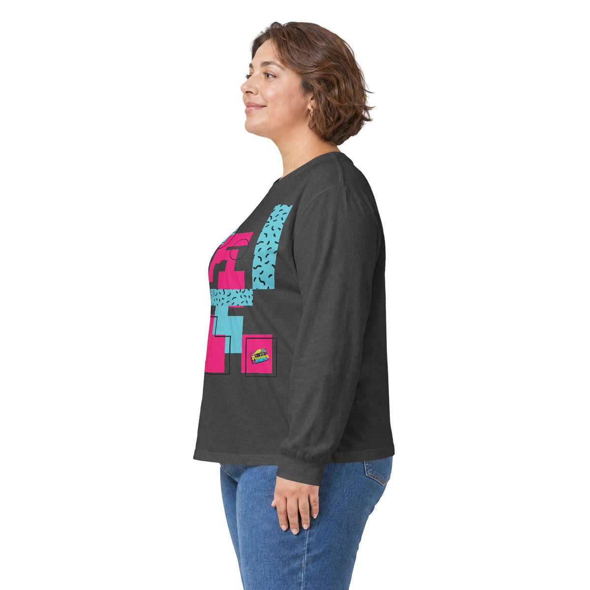 Retro Geometric Long Sleeve Tee — 80s Memphis Pattern Graphic