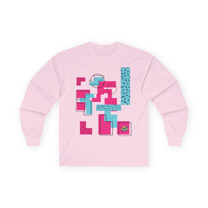 Retro Geometric Long Sleeve Tee — 80s Memphis Pattern Graphic